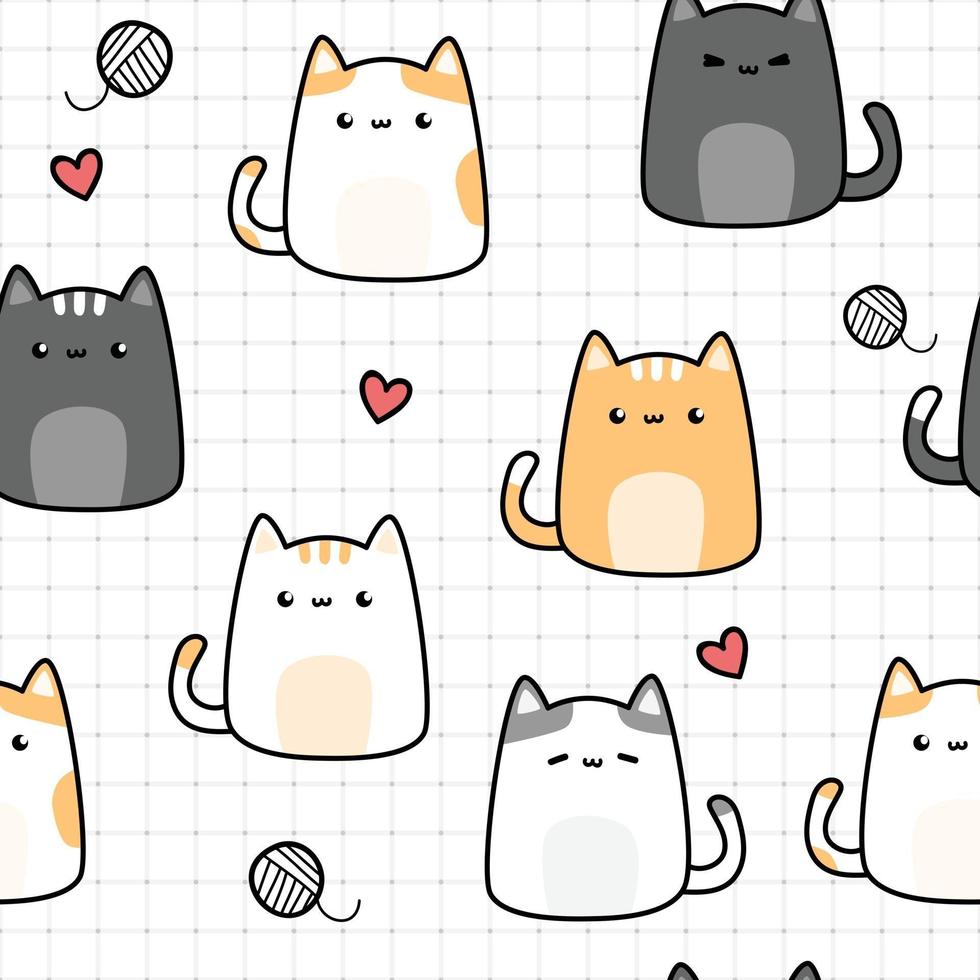 Cute chubby cat kitten cartoon doodle seamless pattern vector