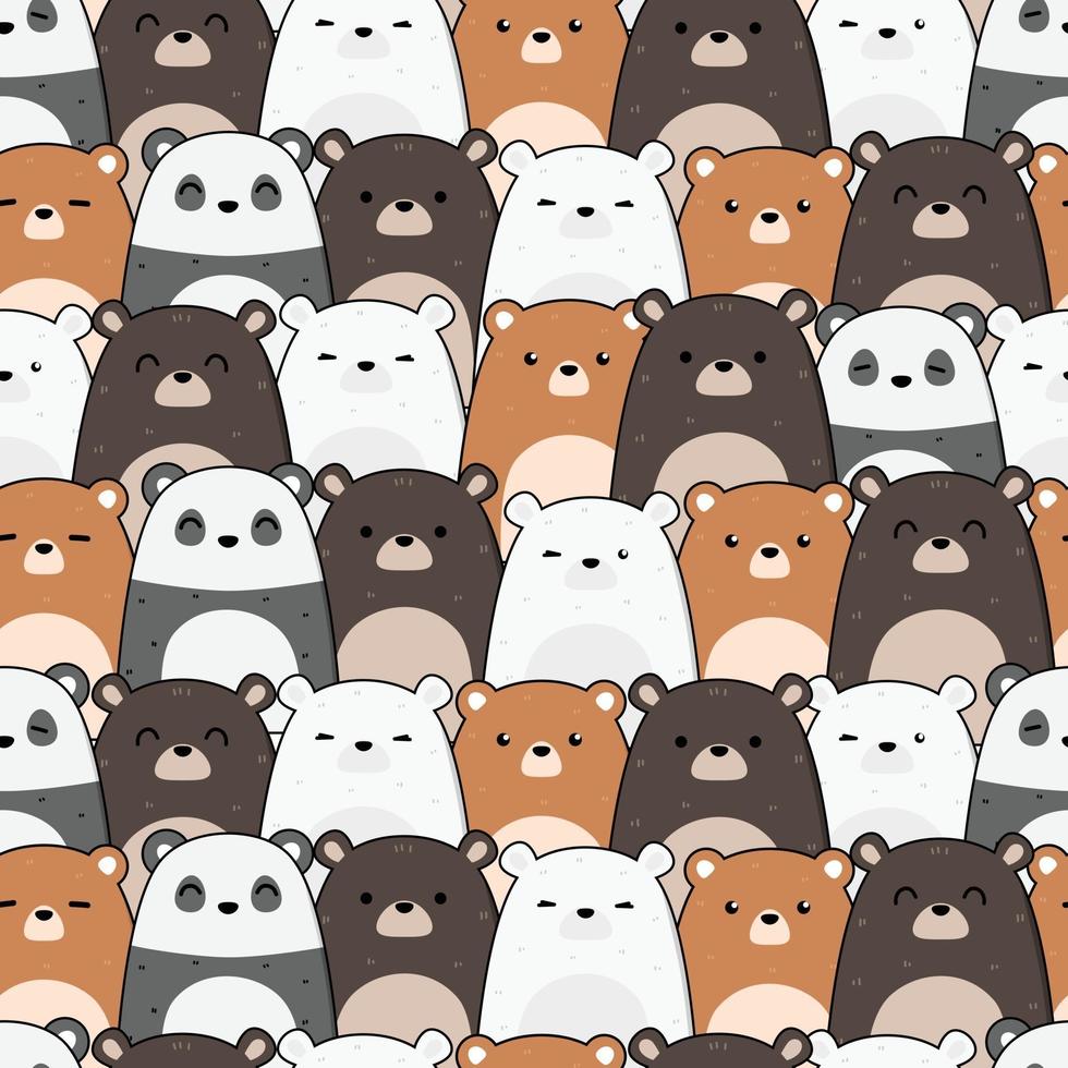 Cute teddy bear polar bear and panda cartoon doodle seamless pattern vector