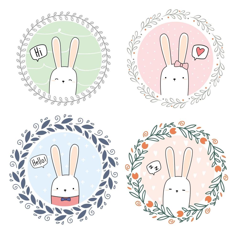 Set of Cute rabbit bunny cartoon doodle floral wreath vector