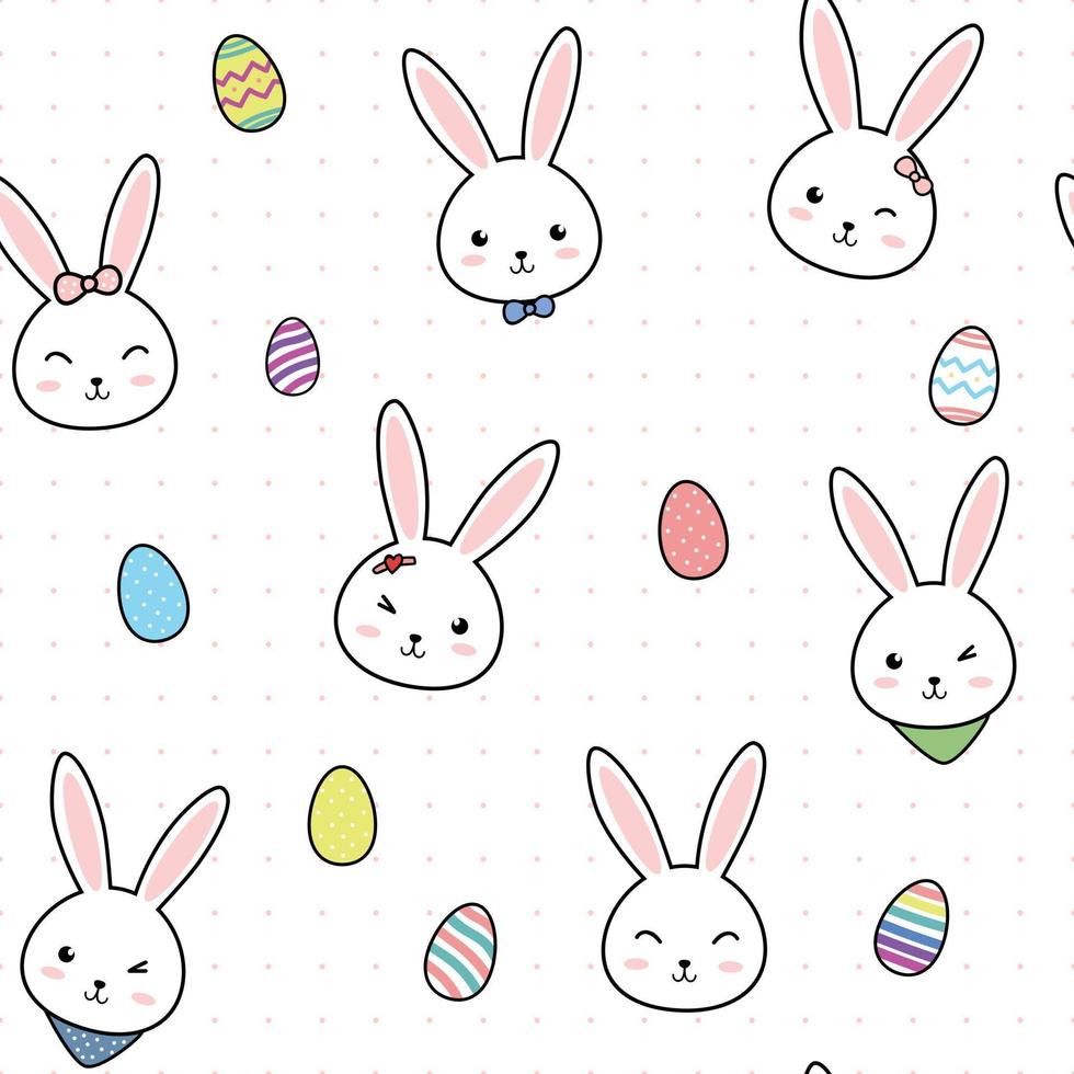 lindo conejo cabeza de conejito y huevo de pascua dibujos animados doodle de patrones sin fisuras vector