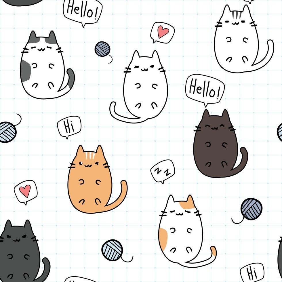 Cute chubby cat kitten cartoon doodle seamless pattern vector