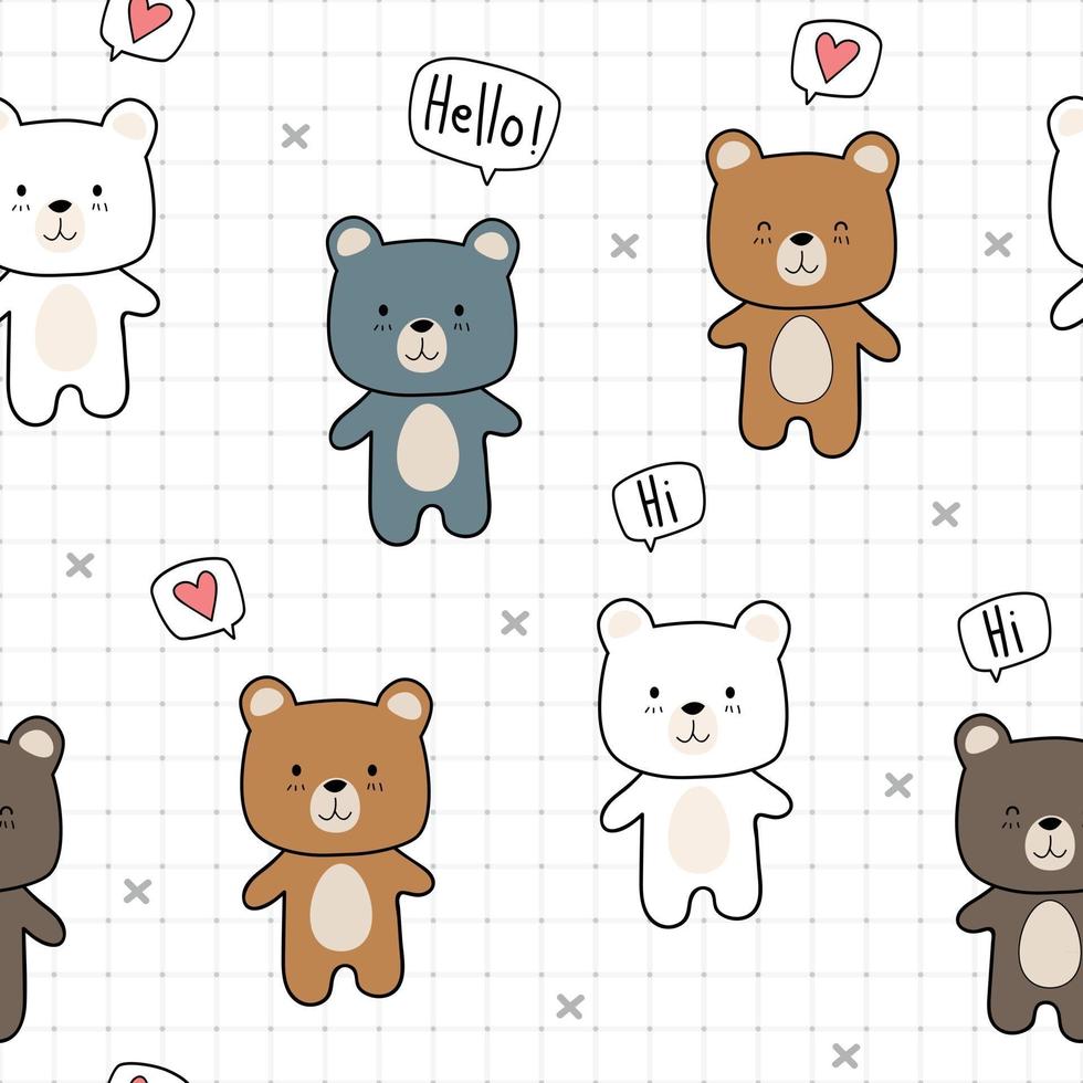 Cute teddy bear polar bear greeting cartoon doodle seamless pattern vector