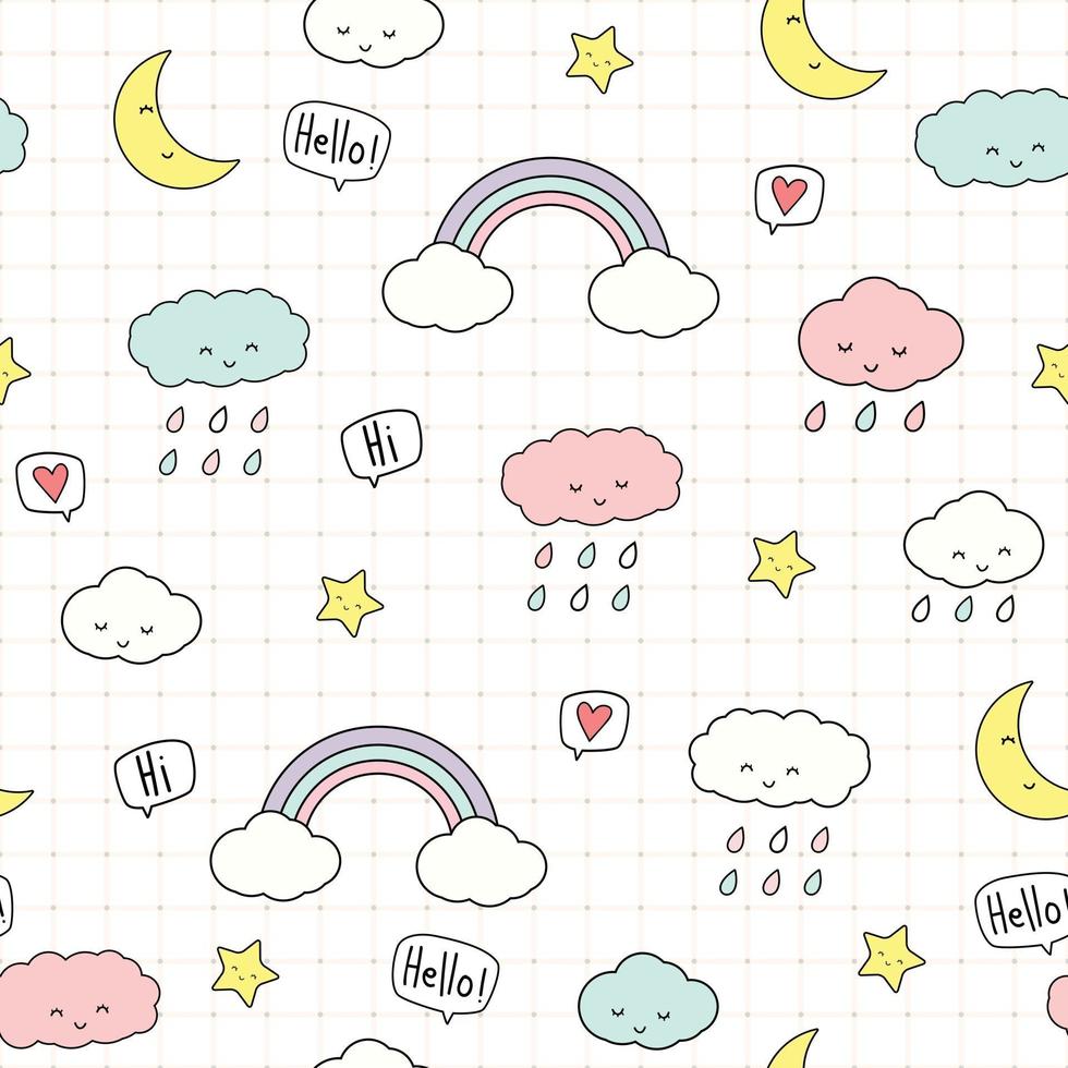 Cute pastel sky star rainbow cartoon doodle seamless pattern vector