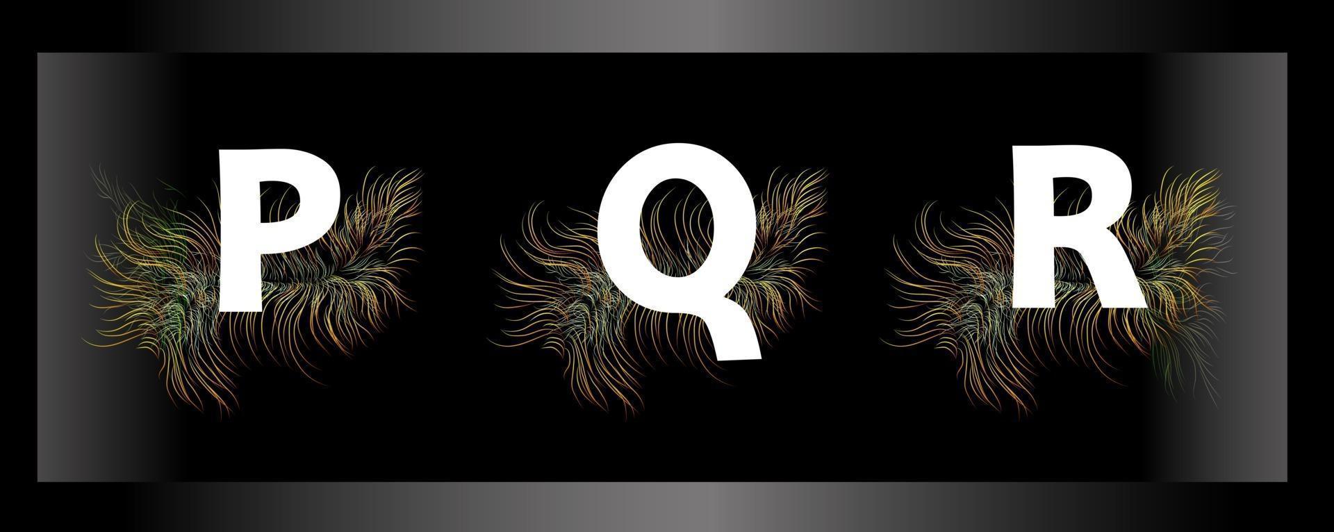 Letters of the alphabet on a black background with feathers of exotic birds vector