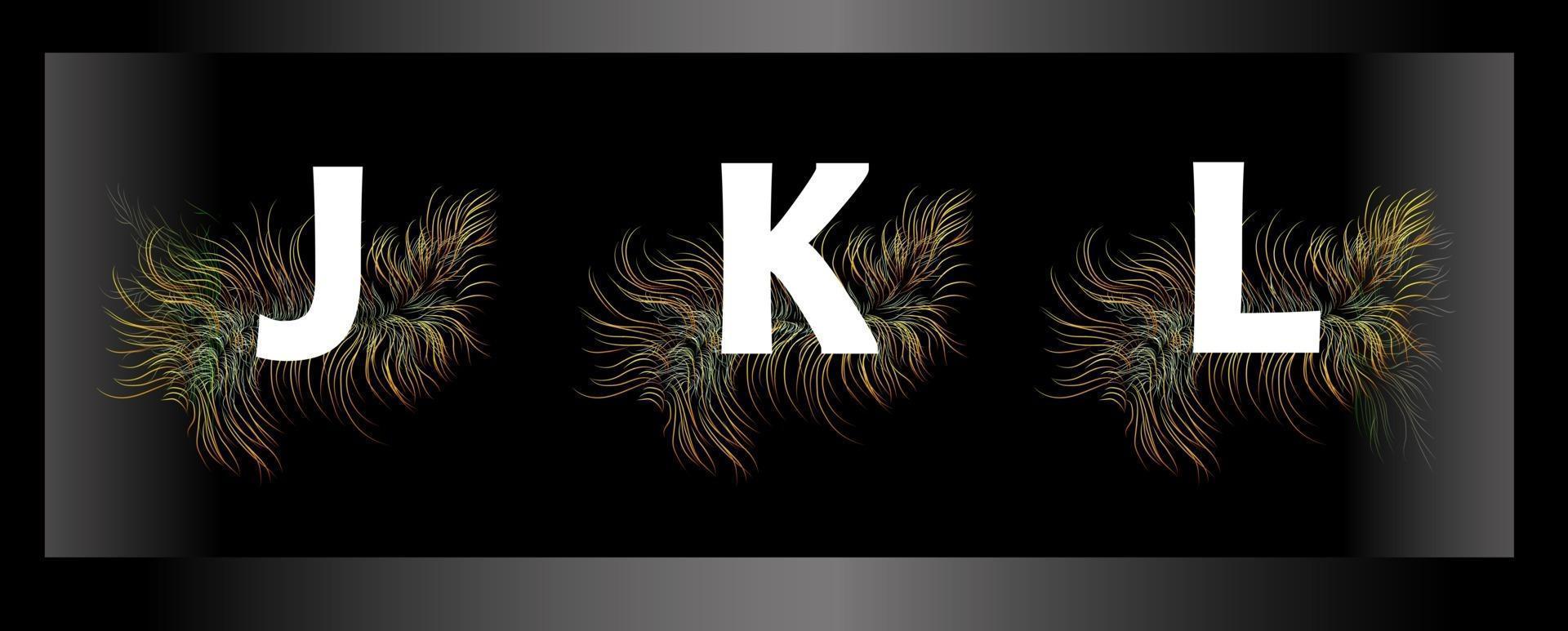 Letters of the alphabet on a black background with feathers of exotic birds vector