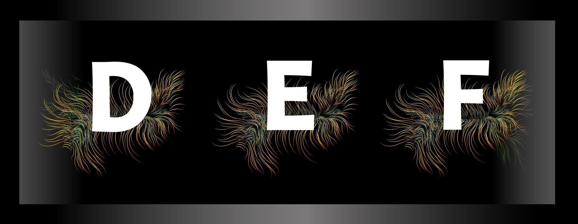 Letters of the alphabet on a black background with feathers of exotic birds vector