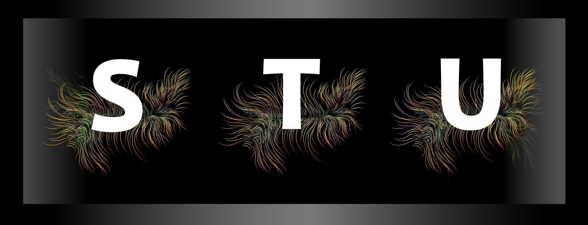 Letters of the alphabet on a black background with feathers of exotic birds vector