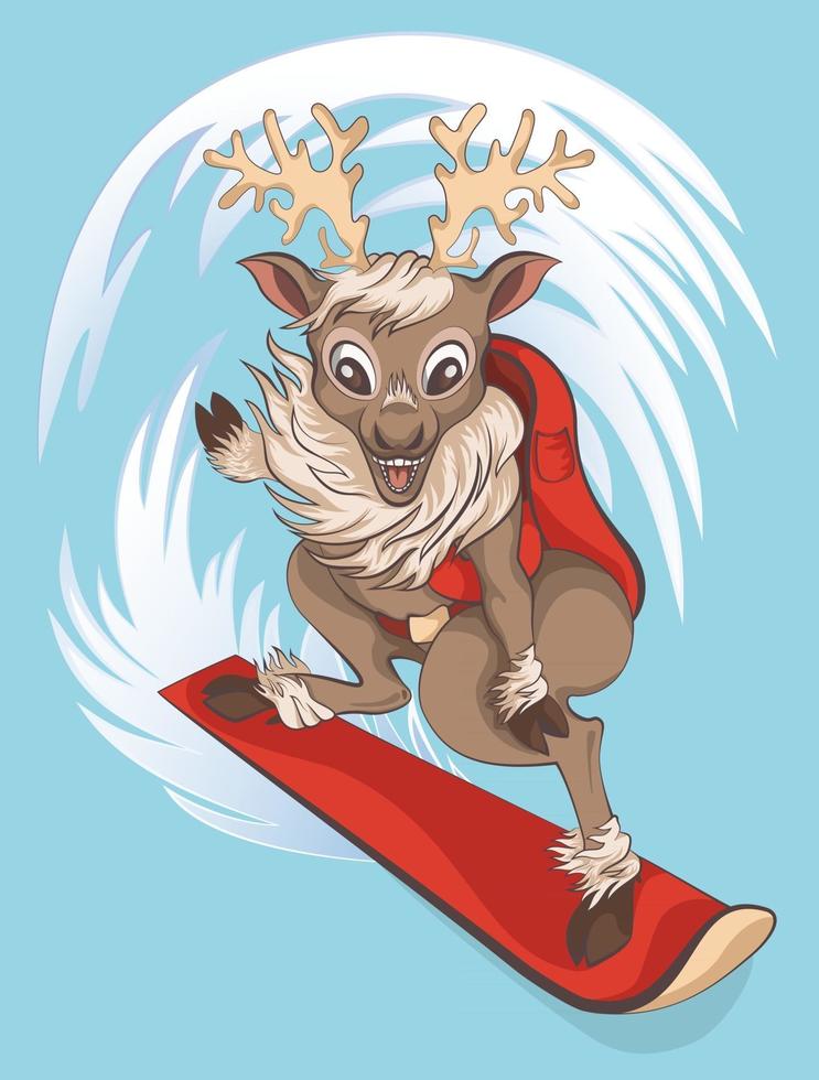 vector illustration of a reindeer that rides on the mountain slopes on a snowboard