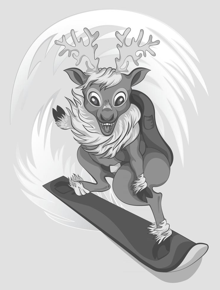 Ilustración vectorial de un reno que cabalga por las laderas de las montañas en una tabla de snowboard vector