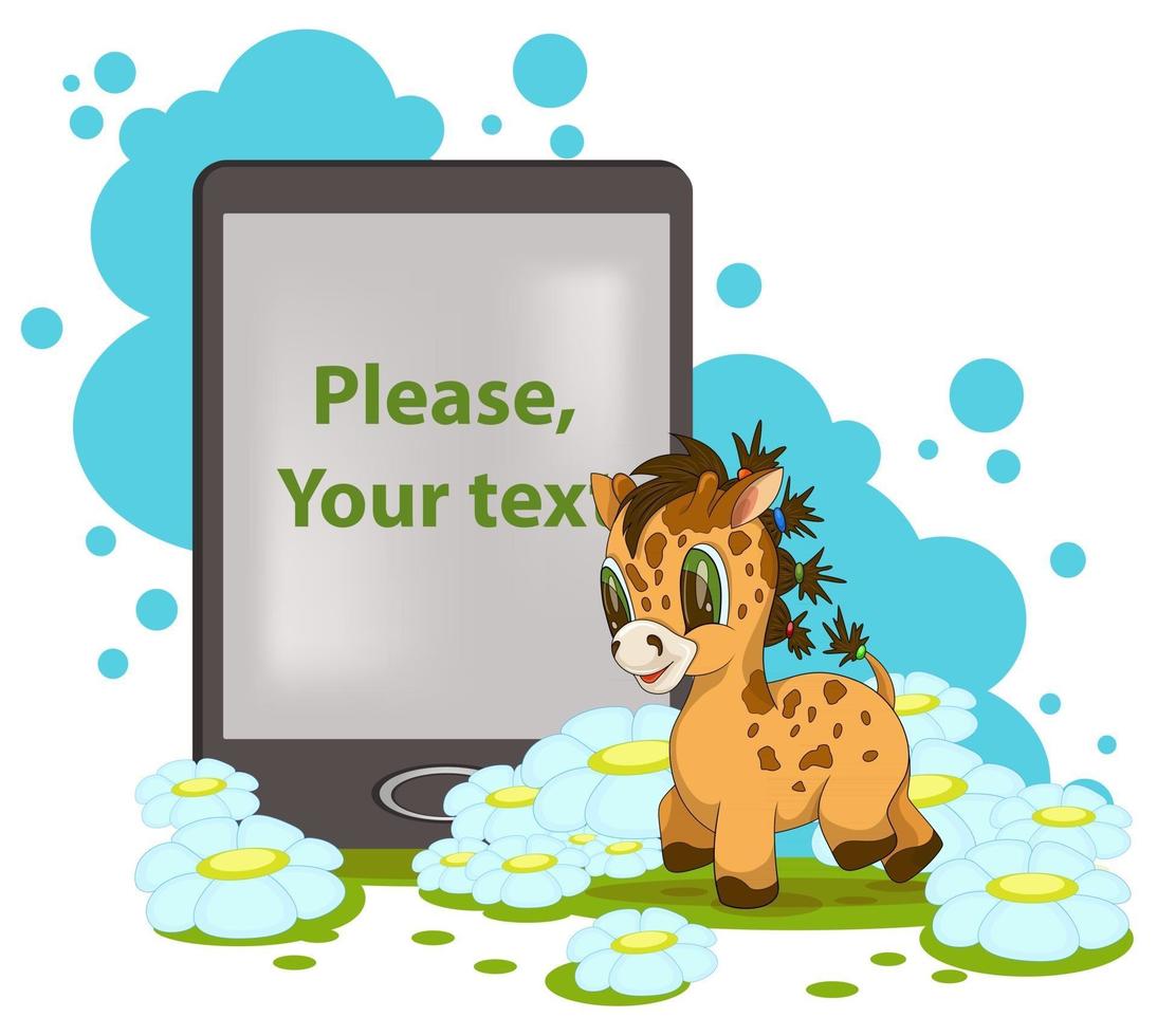 Vector image of a giraffe with an book having a field for your inscription in cartoon style