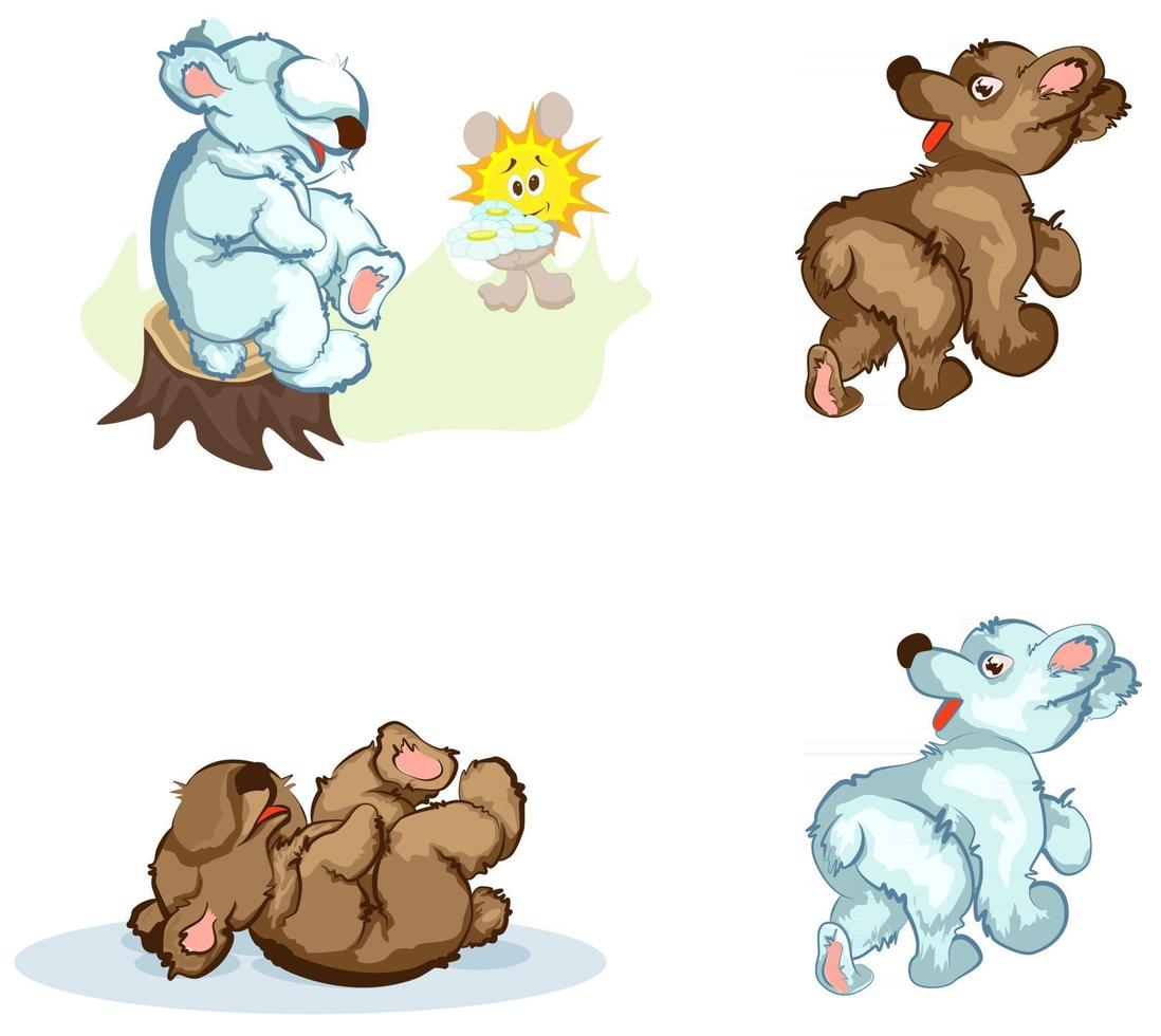 Vector image of a bear and a Sunny Bunny with a bouquet of wild flowers of three daisies