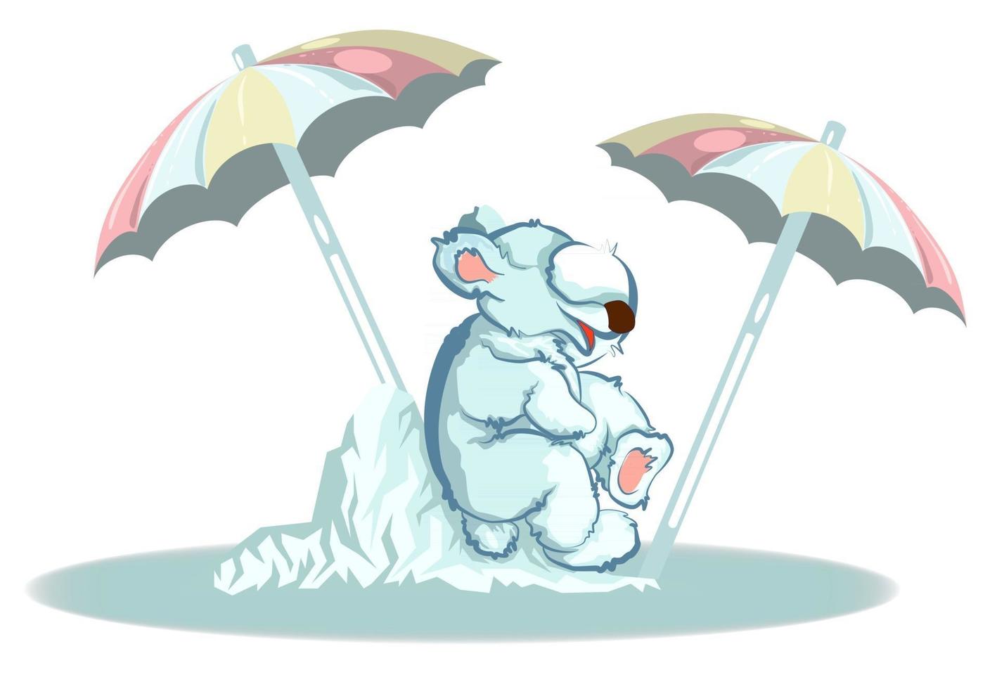 Vector image of a bear sitting on an ice block on a Sunny day and hiding under an umbrella