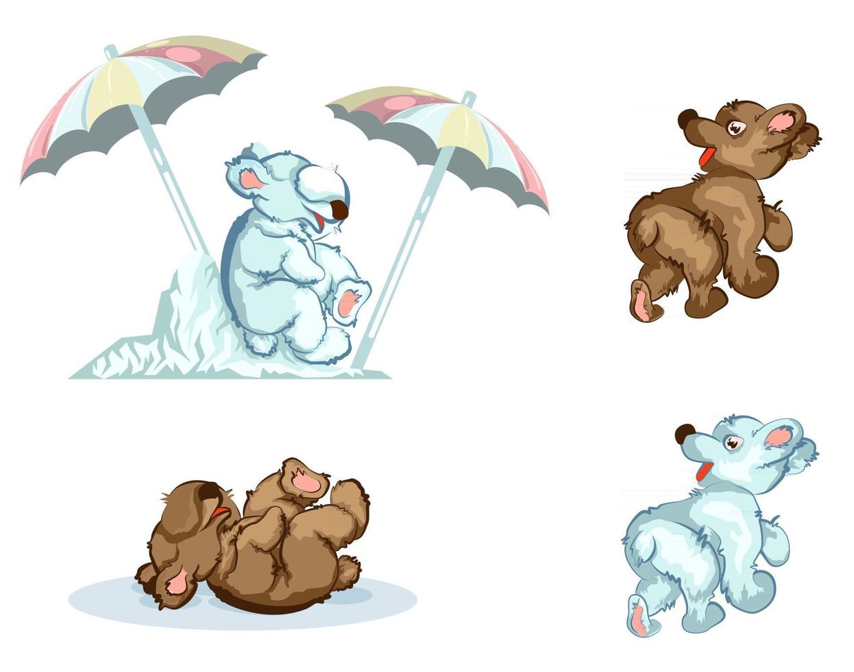 Vector image of a bear sitting on an ice block on a Sunny day and hiding under an umbrella