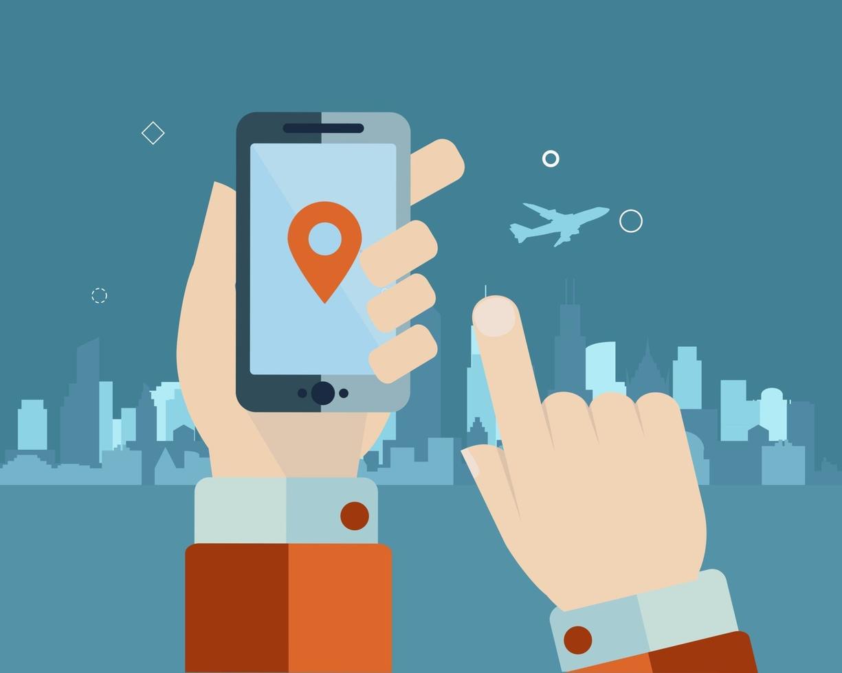 Hand holding cellphone informs the position with a point icon with a city silhouette as the background vector