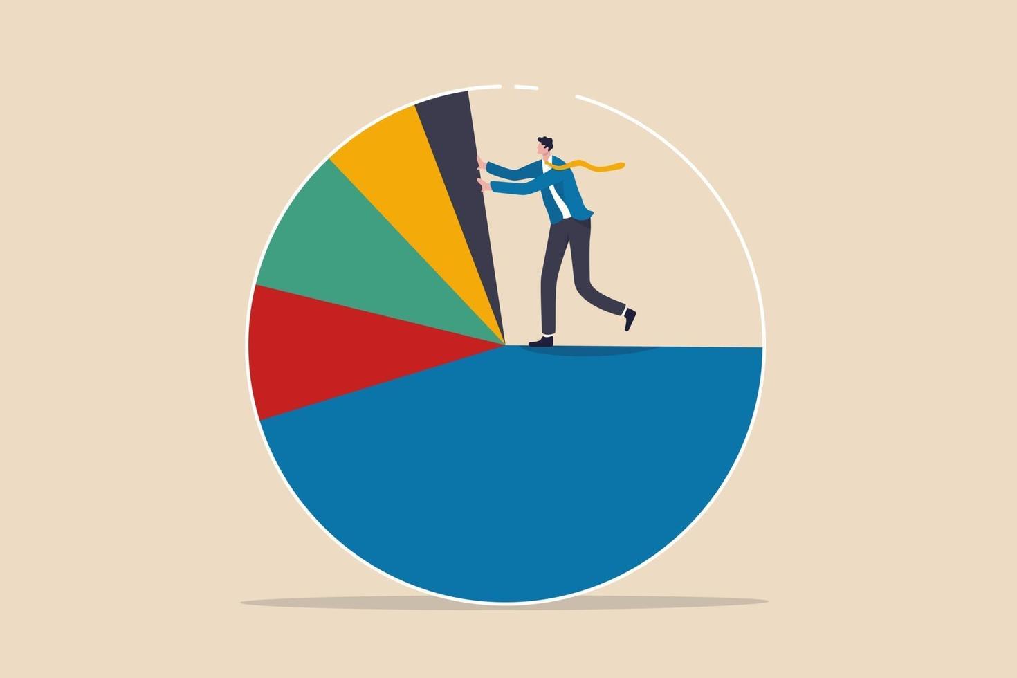 Business analysis investment asset allocation or economic statistic concept smart businessman standing on pie chart pushing allocation to the best performance position vector