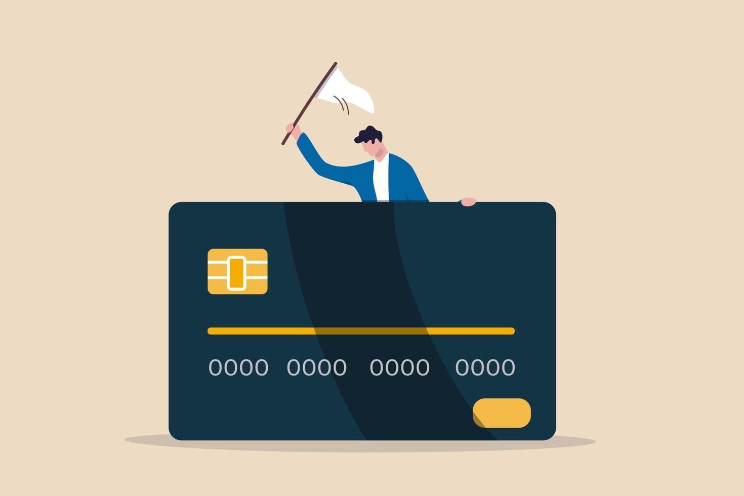 Struggle bankruptcy man surrender carry and waving the white flag behind big credit card debt vector
