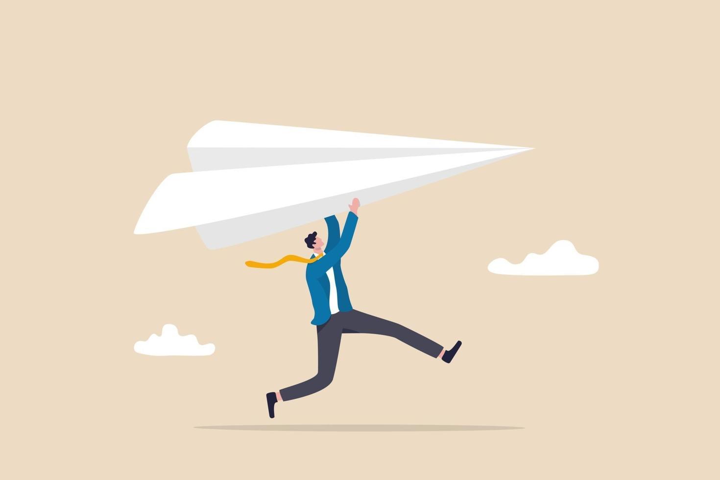 Start new business ambitious businessman running about to throwing to launch big paper airplane origami vector