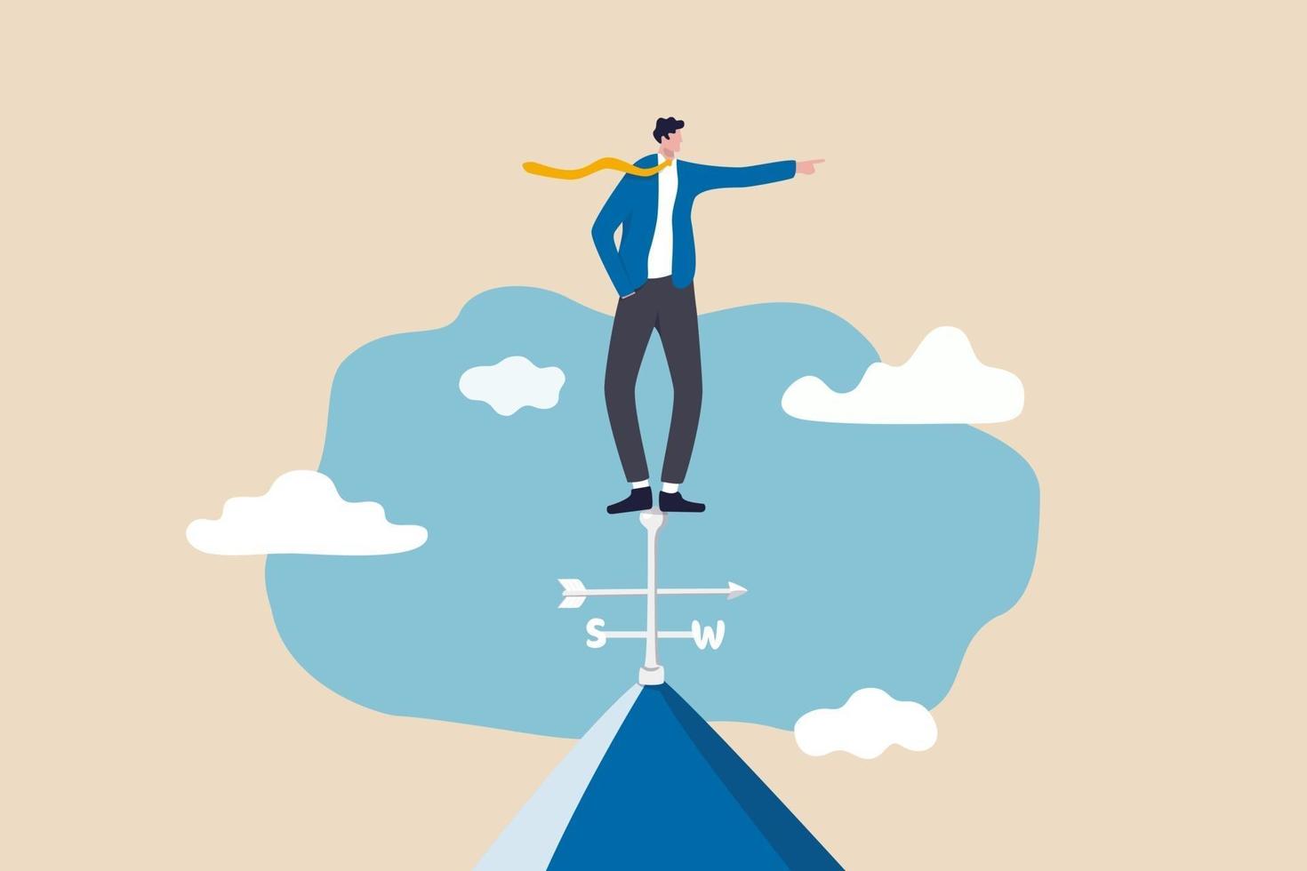 Business direction to achieve success smart businessman standing on top of weather vanes on the roof pointing to winning direction vector