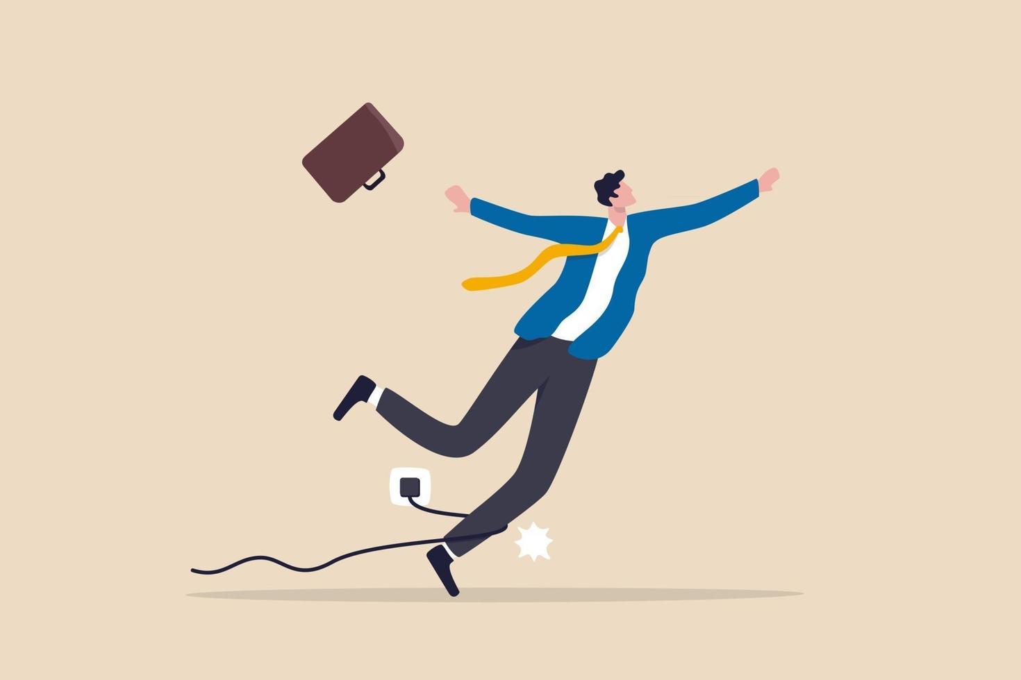 Failure or mistake clumsy businessman stumble with power cable electric plug falling on the floor vector