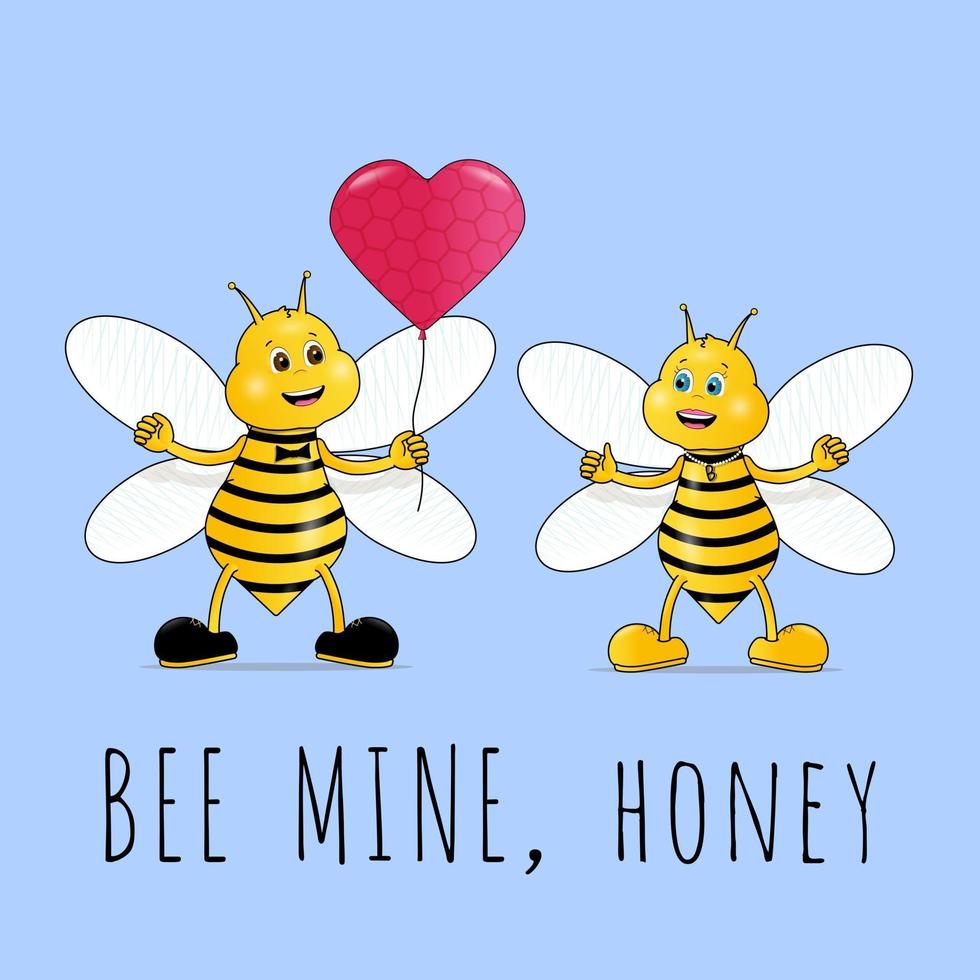 Couple cute bees in love Valentines Day greeting card with heart balloon vector