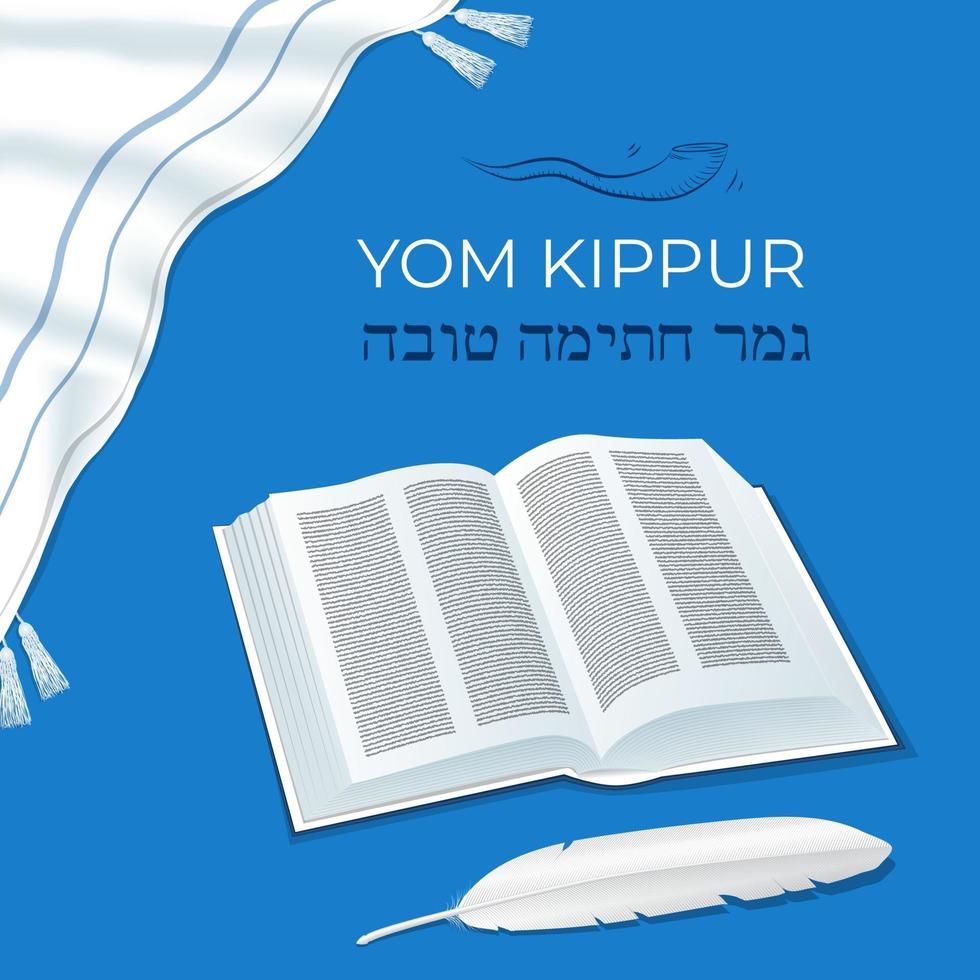 Jewish holiday Yom Kipur Day of Atonement traditional symbols book and feather quill pen horn Prayer Shawl Tallit A good final sealing in Hebrew vector