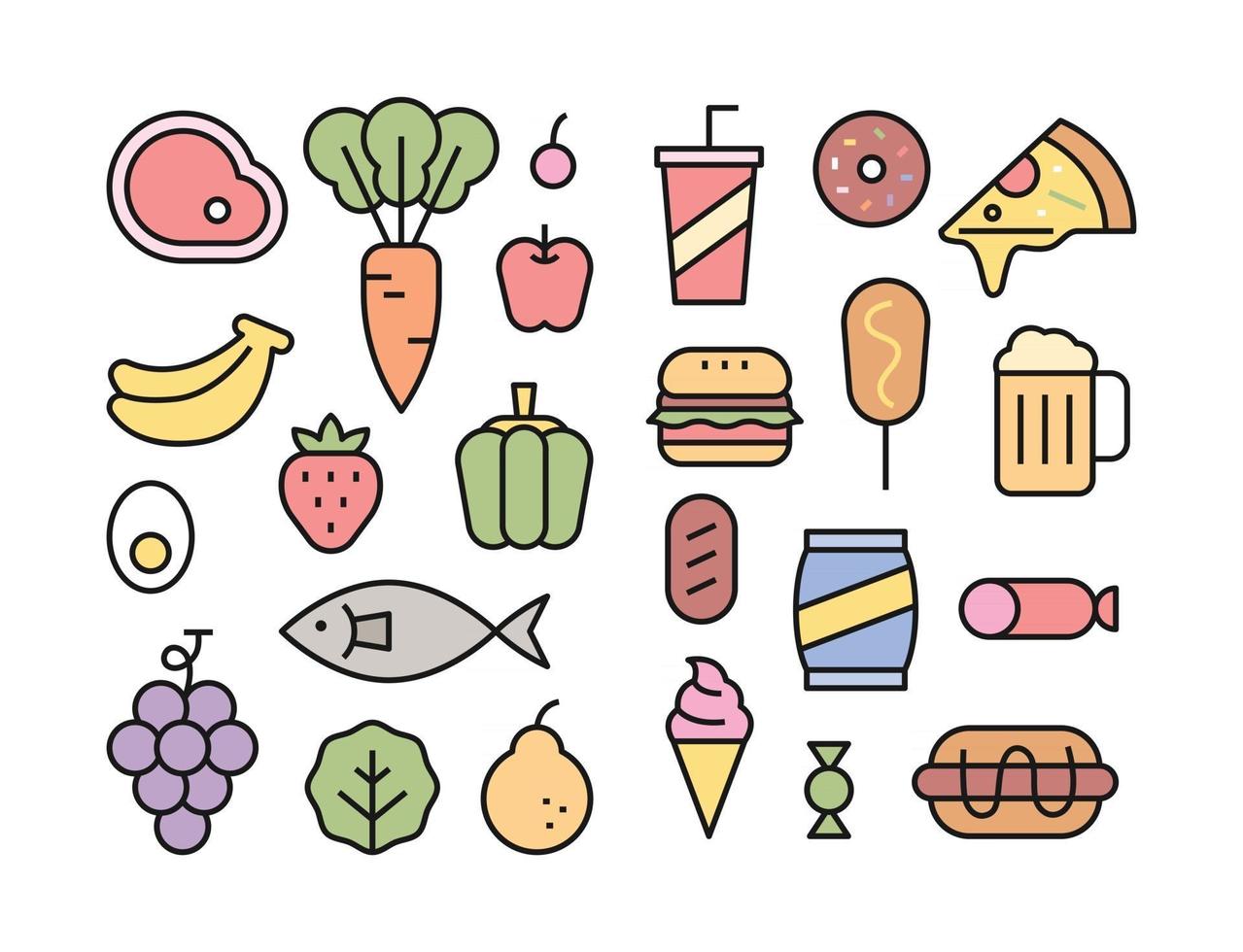 Colección de iconos de ingredientes frescos y alimentos ricos en calorías. vector