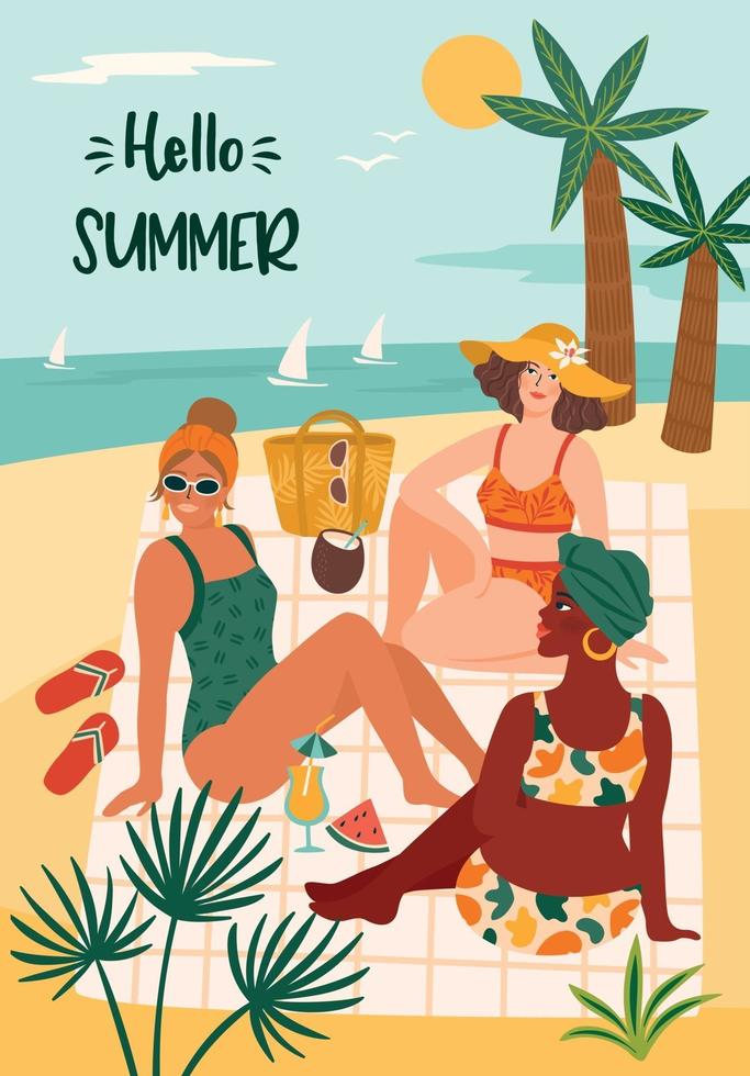 Vector illustration of woman in swimsuit on tropical beach. Summer holliday vacation travel