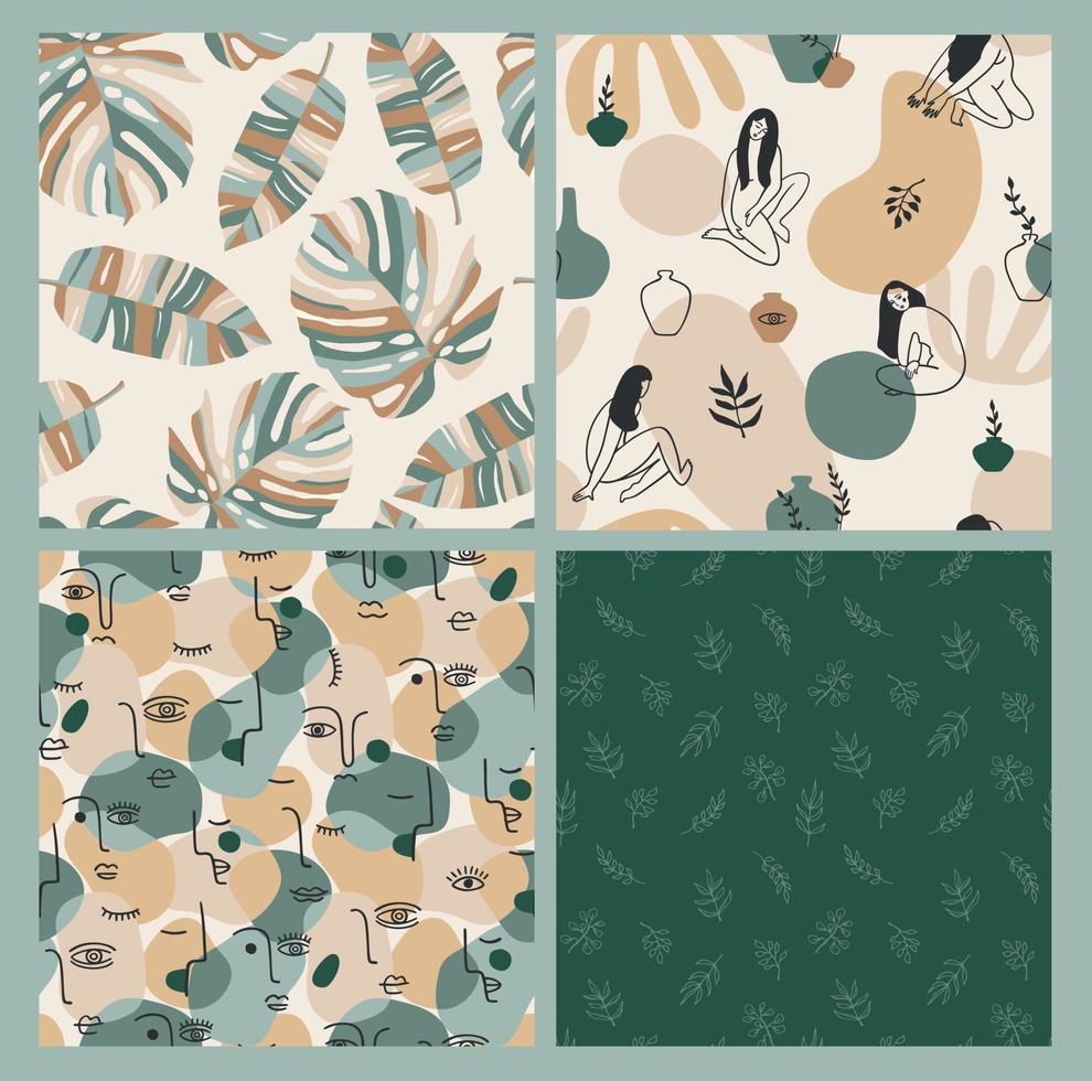 Set of contemporary art seamless patterns Line art Modern design vector