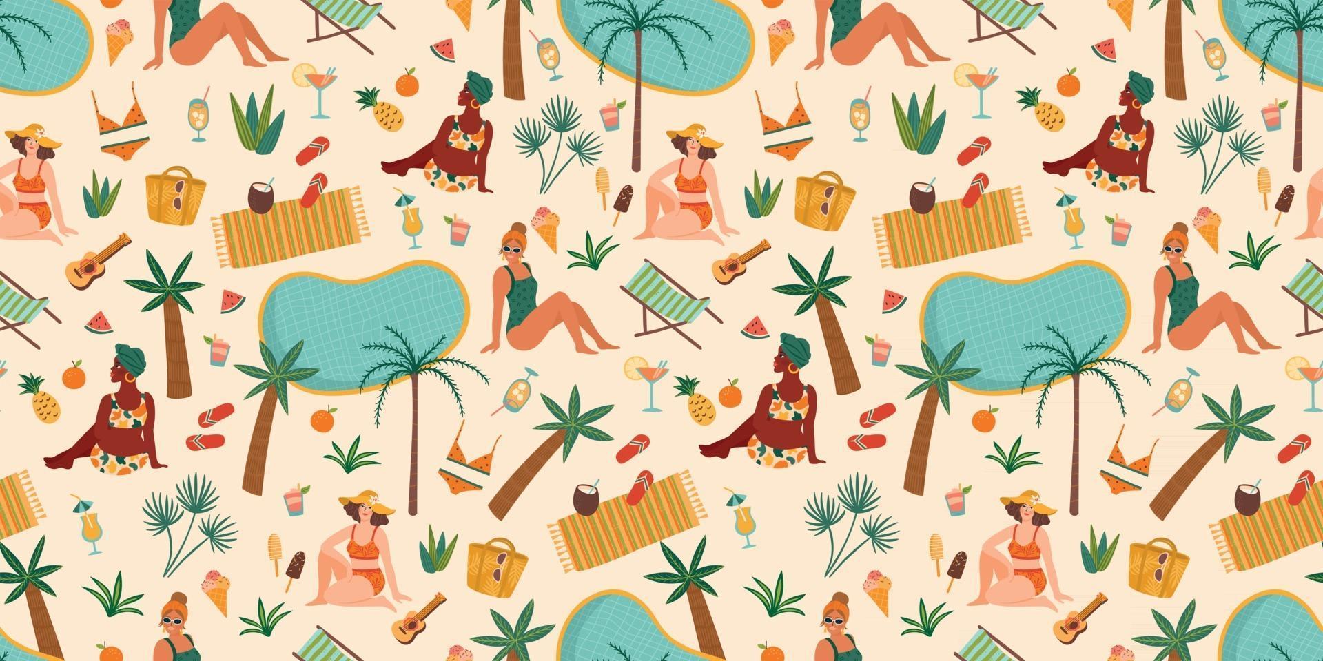 Vector seamless pattern with women in swimsuit on tropical beach. Summer holliday vacation travel