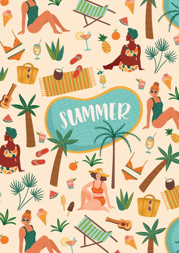 Vector illustration of women in swimsuit on tropical beach. Summer holiday vacation travel