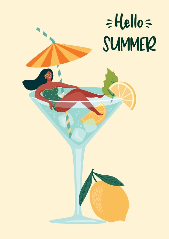 Vector illustration of woman in swimsuit in a glass with a cocktail. Summer holiday vacation travel