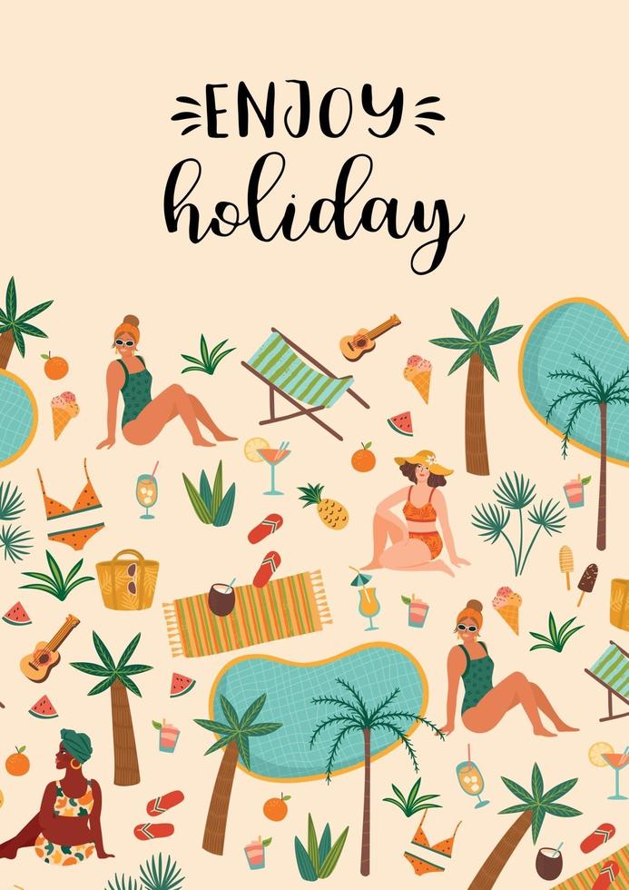 Vector illustration of women in swimsuit on tropical beach. Summer holiday vacation travel