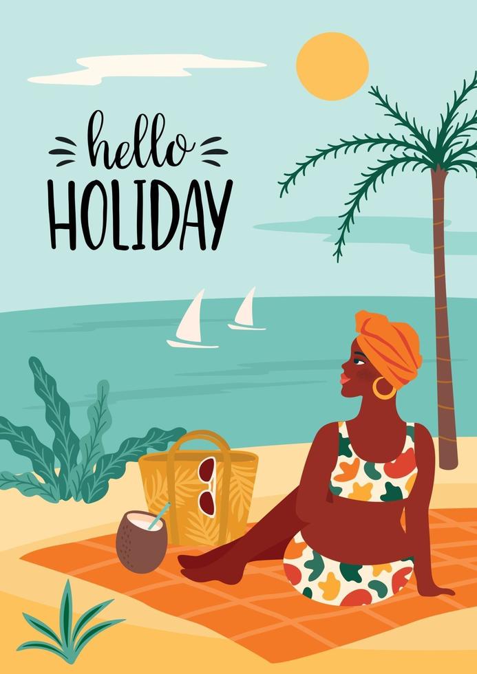 Vector illustration of woman in swimsuit on tropical beach. Summer holiday vacation travel