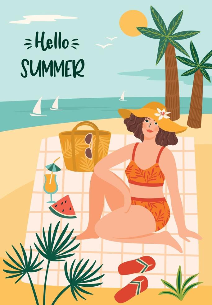 Vector illustration of woman in swimsuit on tropical beach. Summer holiday vacation travel