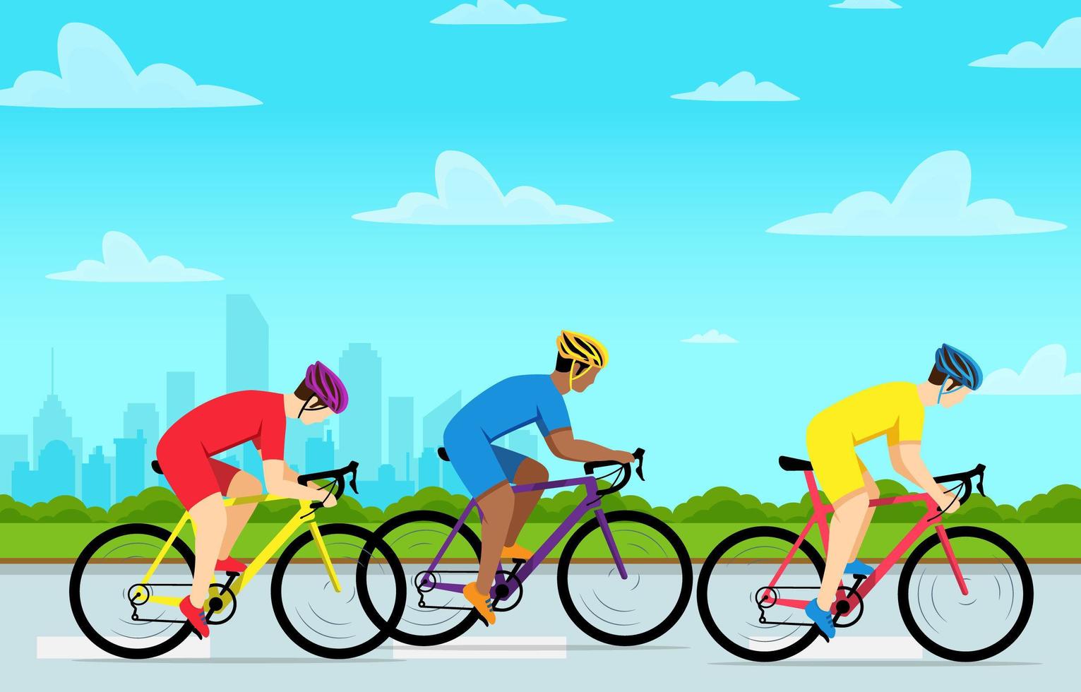 Un grupo de personas en bicicleta en verano. vector