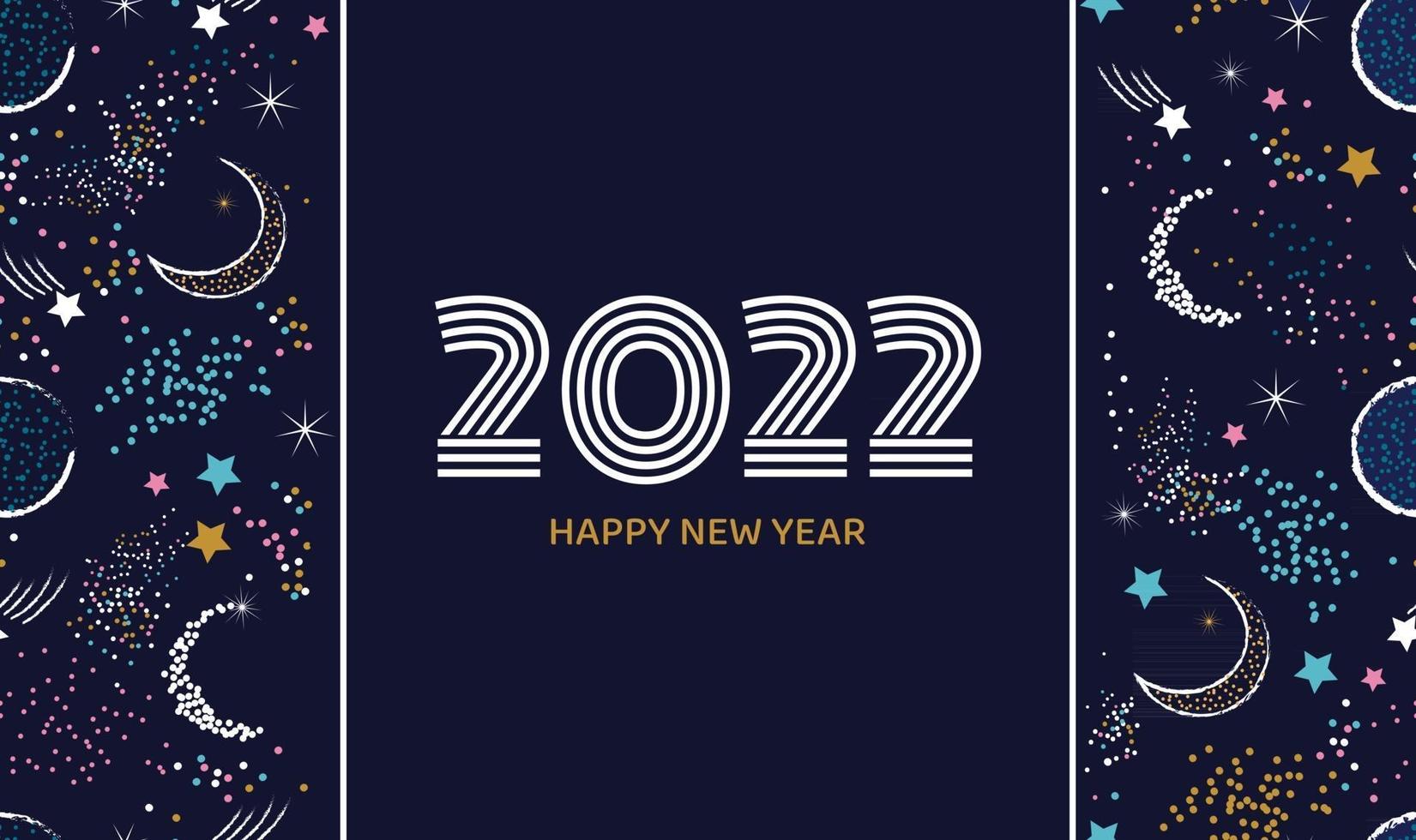 Postcard or banner Happy New Year 2022 in dark blue color with space elements Vector festive background