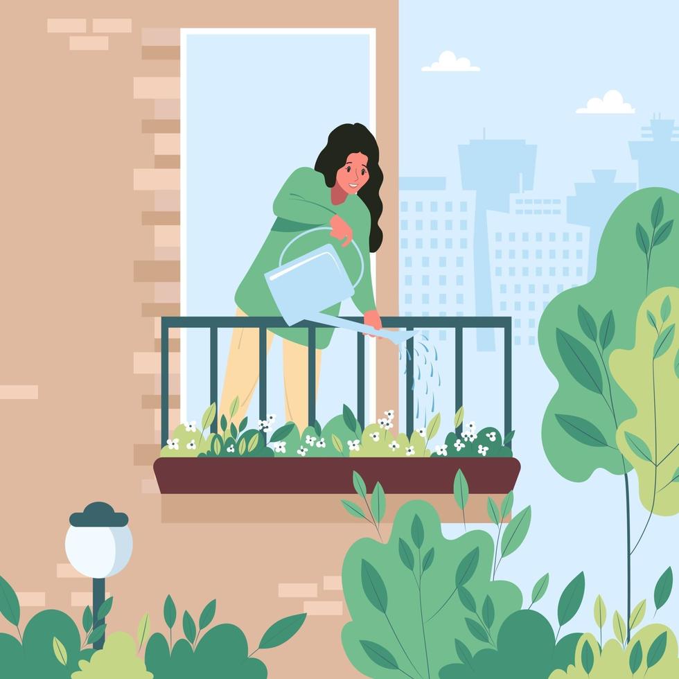 Mujer joven regando flores en el balcón cuidando de las plantas de la casa ilustración vectorial plana vector