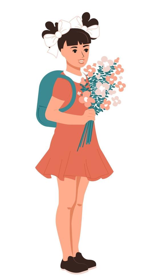 Happy schoolgirl goes to school on September 1 with a bouquet of flowers The girl enters junior classes Flat vector illustration isolated on white background