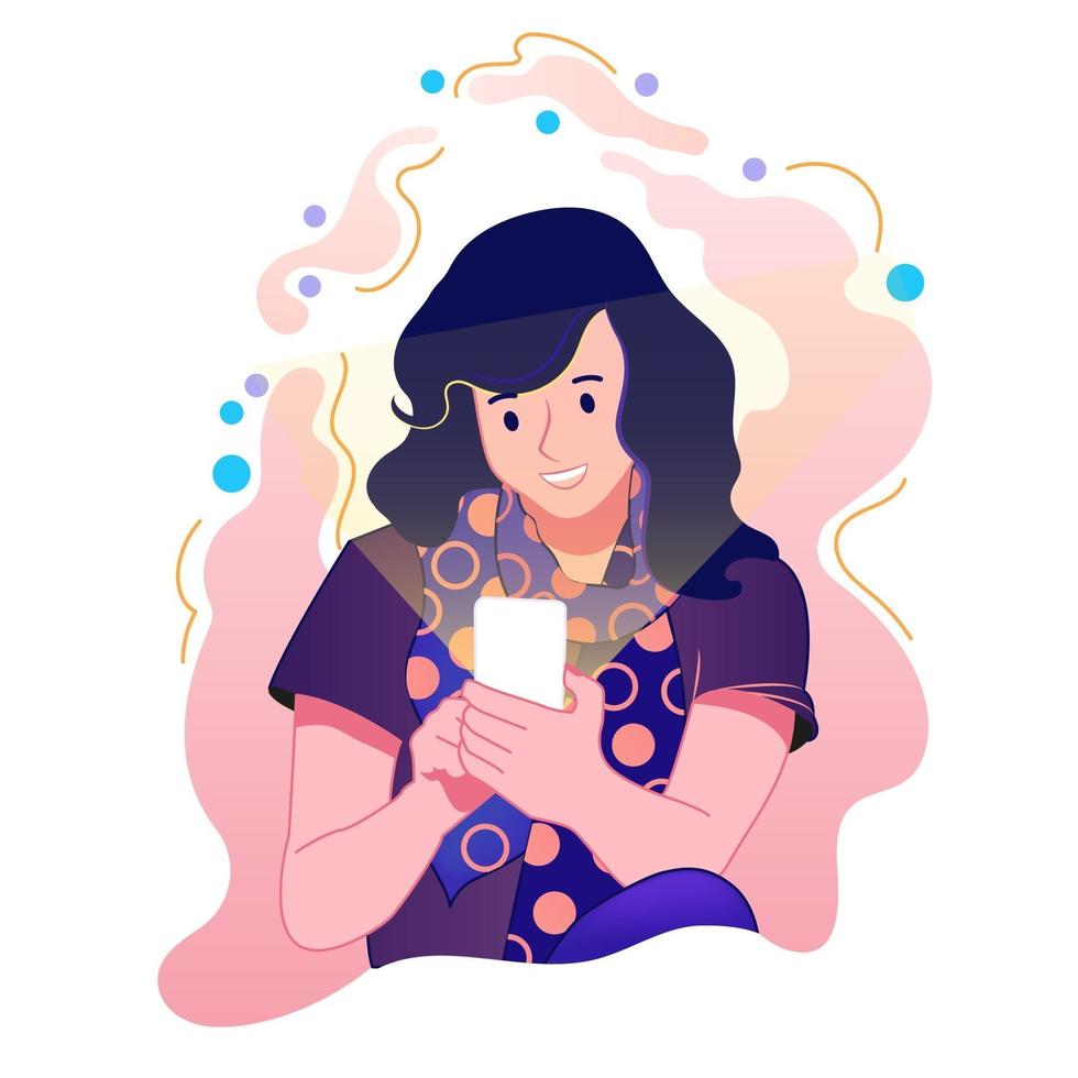 Young woman messaging on smartphone Girl use mobile phone chatting and making Selfie vector