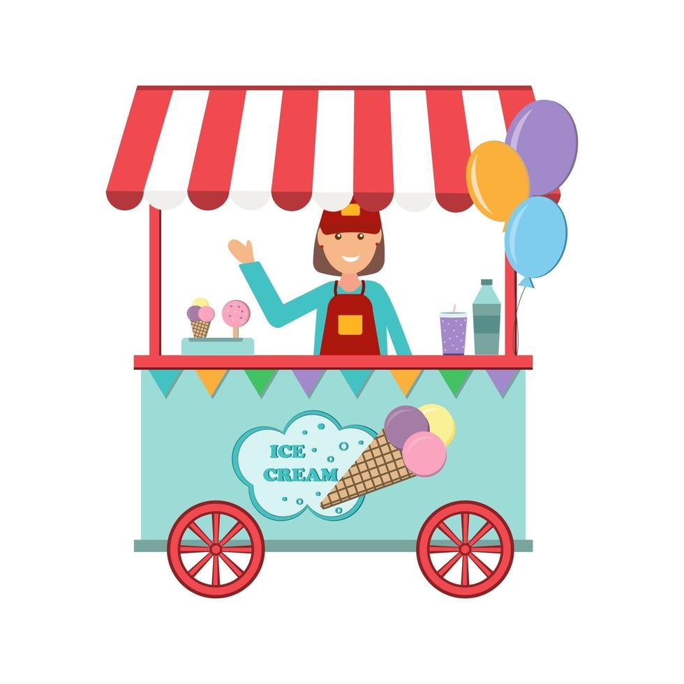 Chica vendiendo helados en una ilustración de vector de quiosco de café de verano en estilo plano