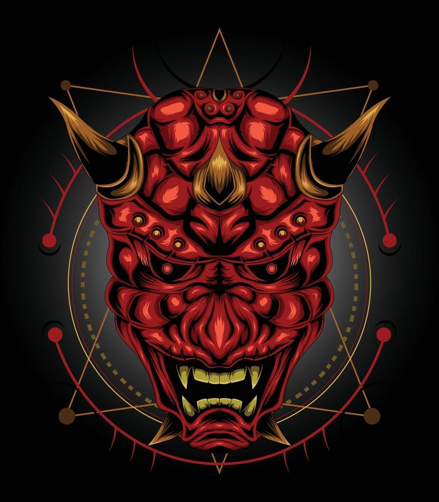 Red devil face illustration in Japanese demon mask vector