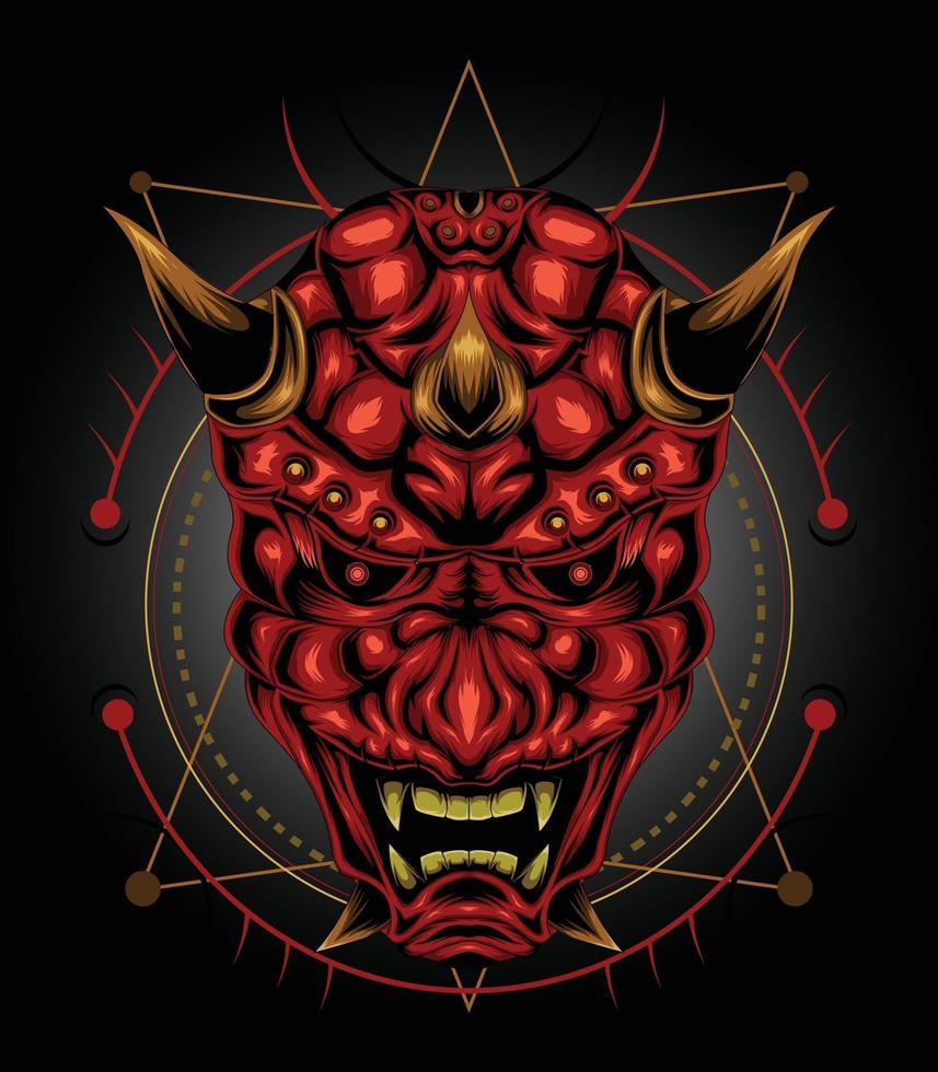 Red devil face illustration in Japanese demon mask vector