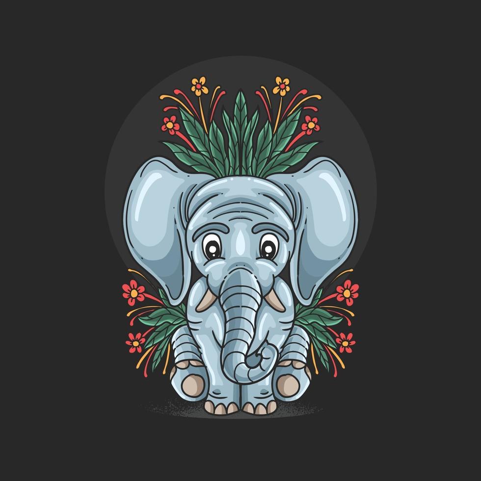 cute little elephant with floral illustration vector