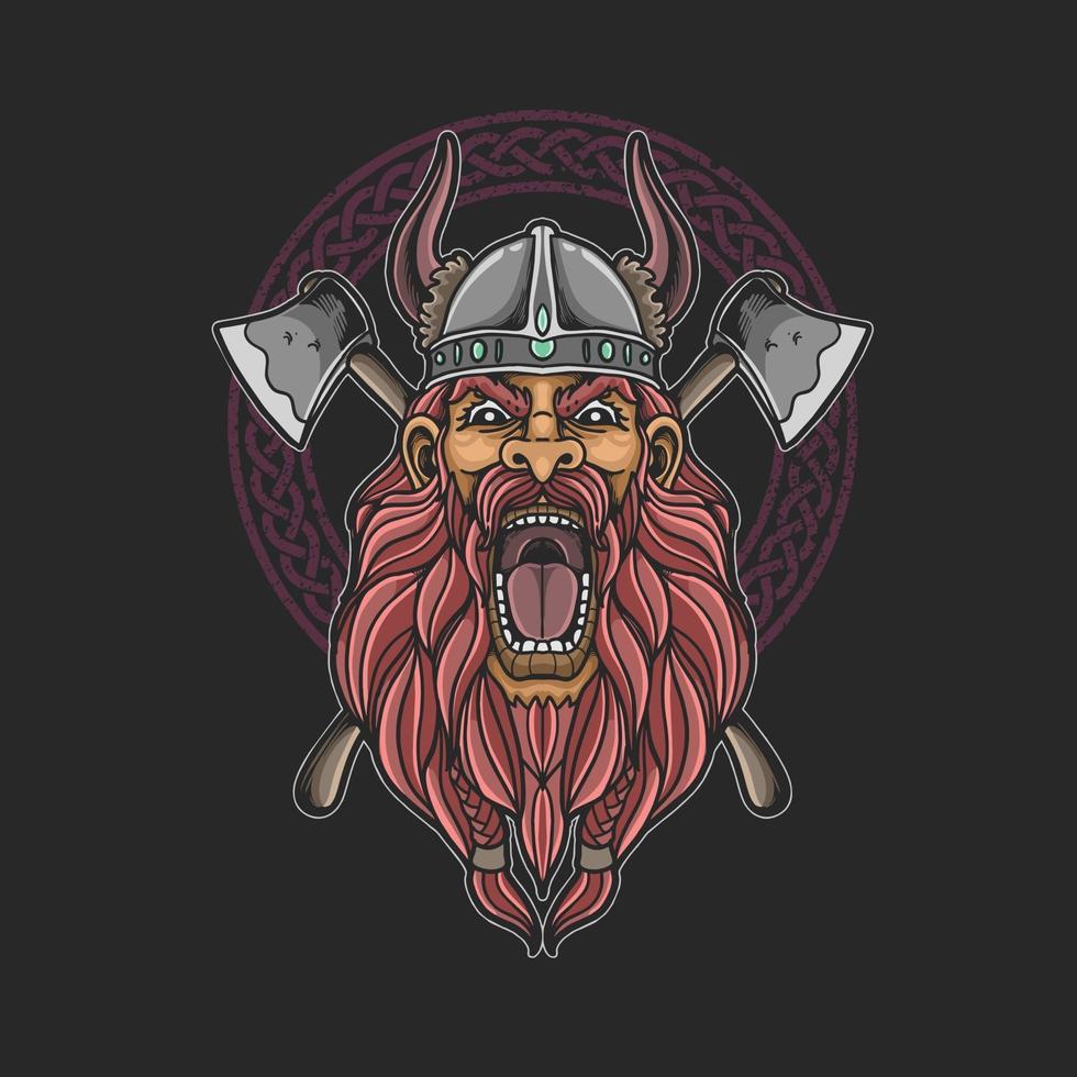 barbarian viking head with cross axe illustration vector