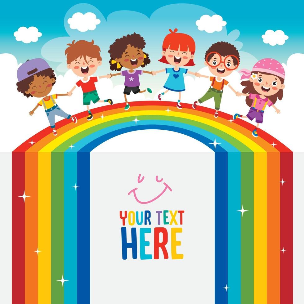 Multi Ethnic Kids Playing On Rainbow vector