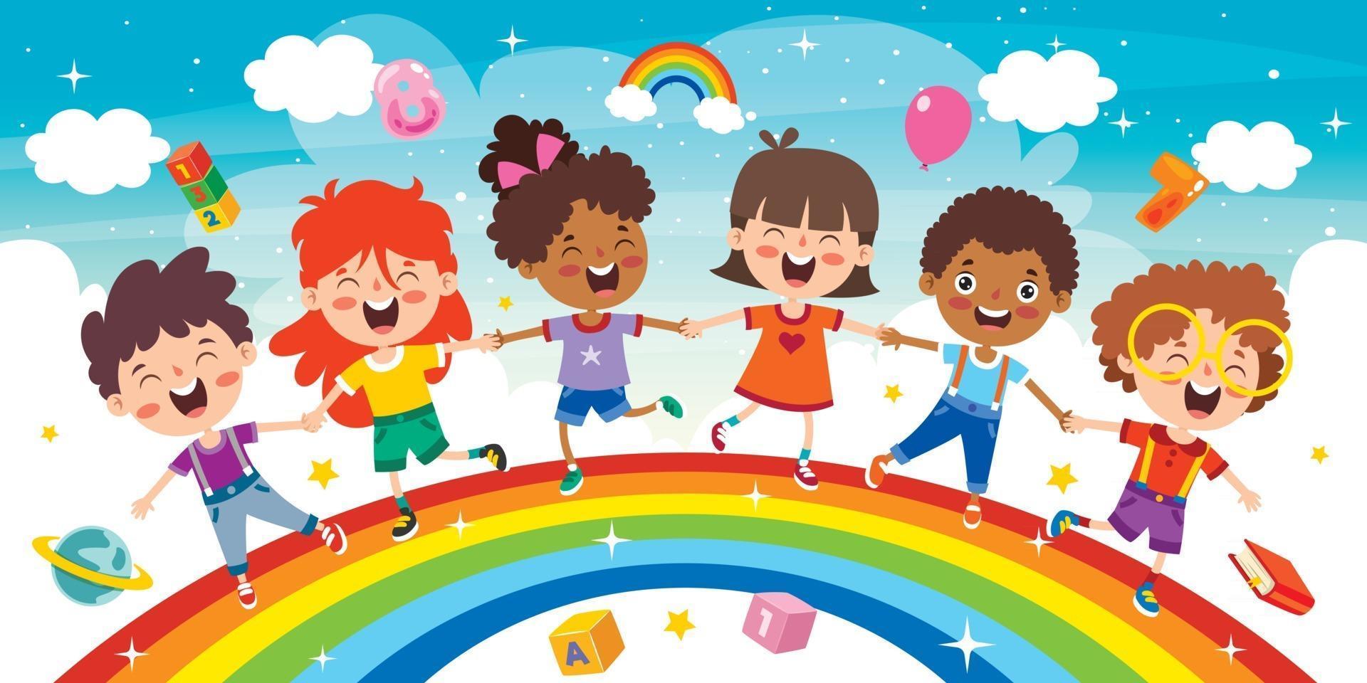 Happy diverse children playing together on a colorful rainbow