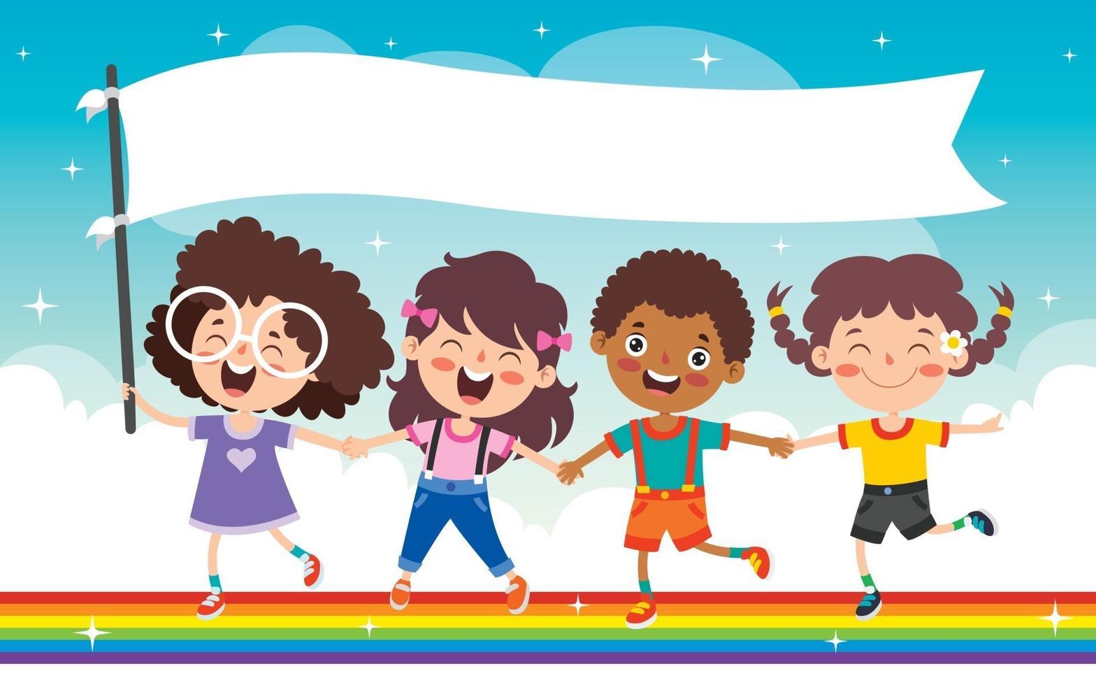 niños multiétnicos jugando en el arco iris vector