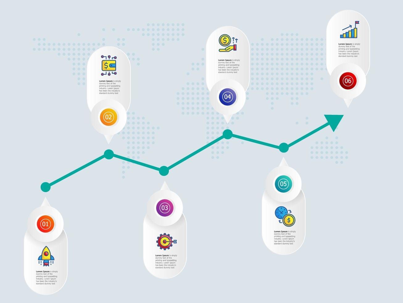 abstract horizontal  growth graph  infographics 6 steps with icon template vector