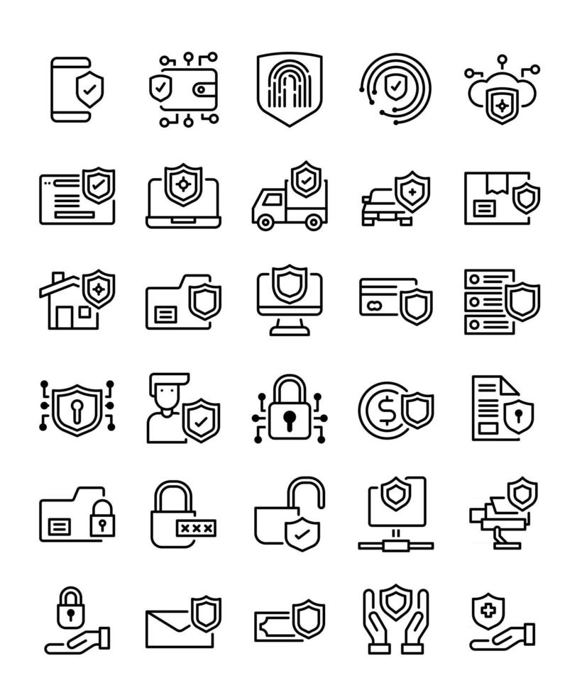 conjunto de 30 iconos de línea de protección y seguridad vector