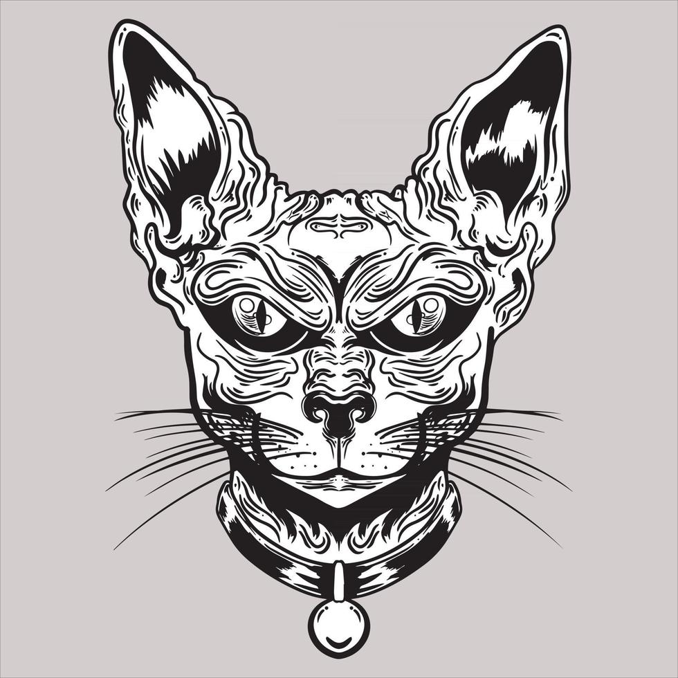 Ilustración en blanco y negro de la cabeza de gato gato esfinge con collar vector